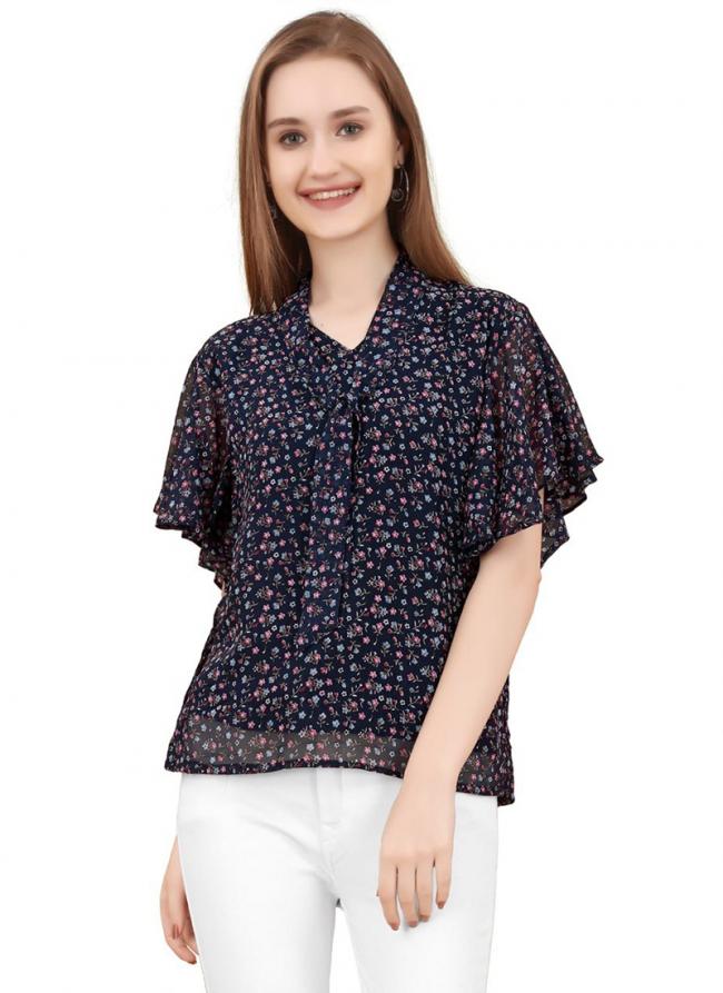 Georgette Navy Blue Daily Wear Printed Readymade Top